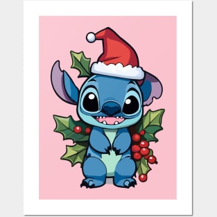 Stitch Wearing a Santa Hat Posters and Art